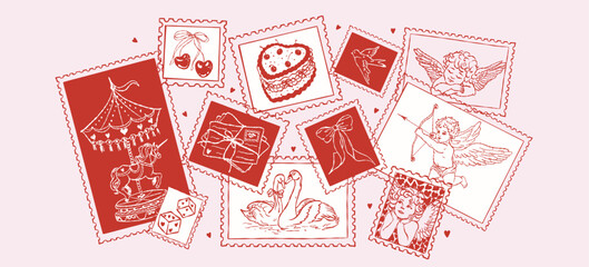Fototapeta na wymiar Hand drawn post stamps in doodle sketch style for Valentines day. Wedding invitation postal elements for poster, placard or postcard prints. Love vector illustrations for mail, letters and scrapbook.