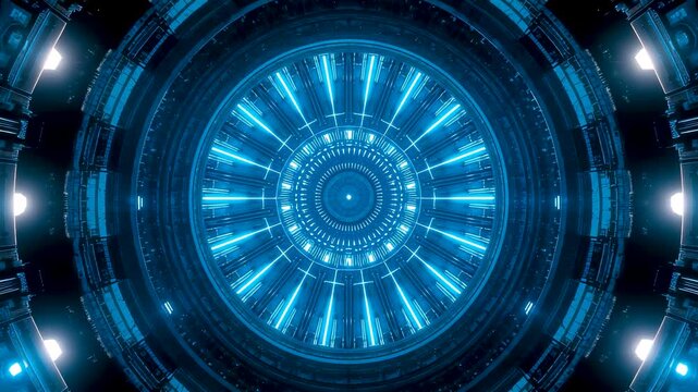 Radiant circular energy portal forming a deep digital tunnel with precise radial symmetry powering advanced technological systems and science