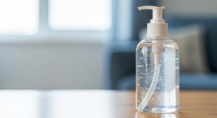 A clear hand sanitizer bottle for flu prevention and daily hygiene concept, ready for use at home or office