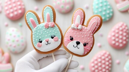 Cute bunny cookies are displayed on sticks with colorful icing for a celebration during spring season