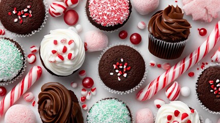 Colorful cupcakes and candies arranged for a festive dessert display during the holiday season