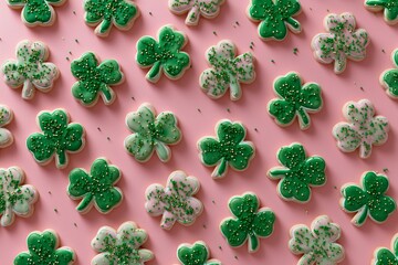 Colorful shamrock cookies are arranged neatly on a pink surface for a festive celebration during a holiday event