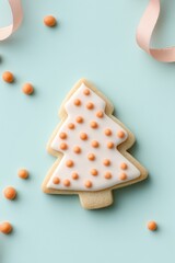 Decorative cookie shaped like a Christmas tree with orange dots on a light blue surface