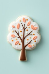 Decorated cookie shaped like a tree with colorful leaves on a light blue surface