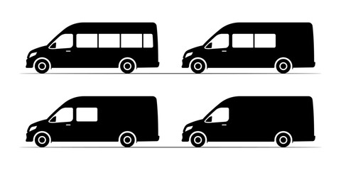 A set of different minibus models. Black silhouette. Side view. Simple flat vector graphic illustration. Isolated object on a white background.