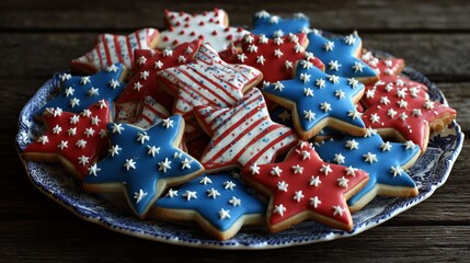 Cookies shaped like stars with red, white, and blue frosting on a plate ready for a celebration with friends and family