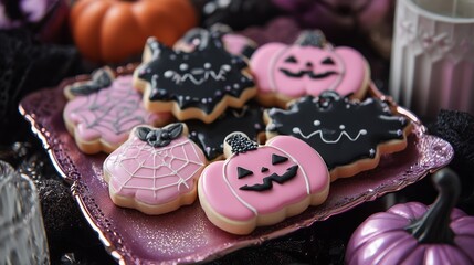 Decorative cookies on a tray for a Halloween celebration event at a festive gathering