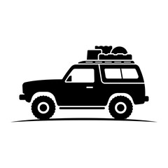 SUV with a trunk and luggage. Black silhouette. Side view. Vector simple flat graphic illustration. Isolated object on a white background.