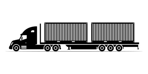 Truck tractor with a semitrailer and containers. Black silhouette. Side view. Vector simple flat graphic illustration. Isolated object on a white background.