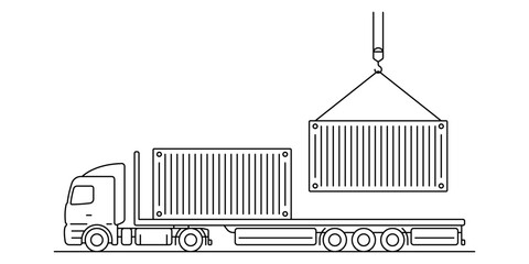 Loading a container onto a semi-trailer truck. Black outline linear silhouette. Editable strokes. Simple flat vector graphic illustration. Isolated object on a white background.