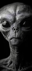 Alien figure with large eyes and gray skin facing the viewer against a dark background