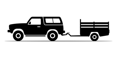 SUV with a trailer icon. Black silhouette. Side view. Vector simple flat graphic illustration. Isolated object on a white background.