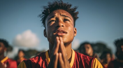 Young athlete prays before football game while teammates stand in background at local field during bright afternoon