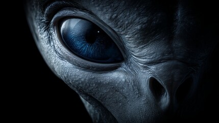 Close view of alien face highlighting large eye and unique features in dark setting