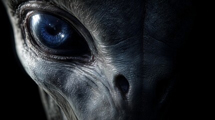 Close view of an alien face with a large eye set against a dark background
