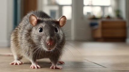 Rat standing on wooden floor in a cozy indoor environment, showcasing its curious expression and detailed fur texture, emphasizing the charm of small animals in domestic settings