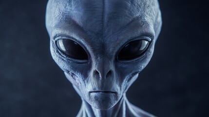 Alien figure with large black eyes and gray skin stands in a dark environment, reflecting curiosity and mystery in its expression