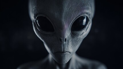Close encounter with alien being in dark space environment showcasing unique features and large eyes