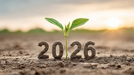 Plant grows out of soil with number 2026 in background during sunset