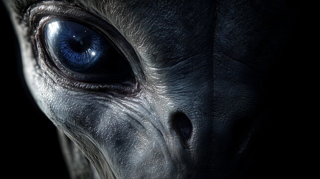 Close view of an alien face with a large eye set against a dark background