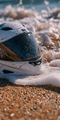 Racing helmet rests on sandy beach as waves wash over it during sunny day in warm weather