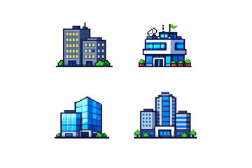 Obraz premium Pixel art collection of four modern office buildings with blue and gray tones