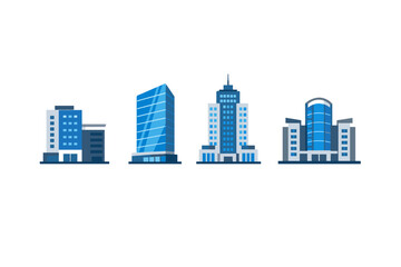 Obraz premium Collection of modern blue glass office buildings in a row on white background