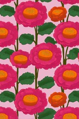 Floral design featuring pink flowers with orange centers on a light background