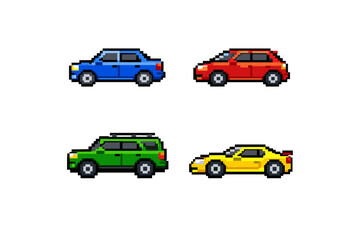 Collection of four pixel art vehicles including a sedan, hatchback, SUV, and sports car