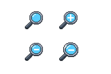 Pixel art magnifying glass icons for zoom in, zoom out, and search functions