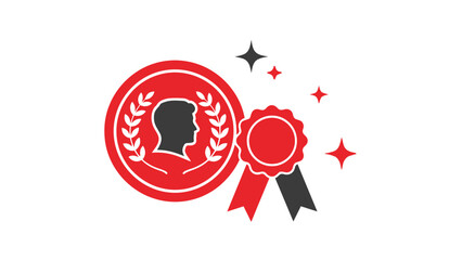 Red award badge icon with laurel wreath and stars