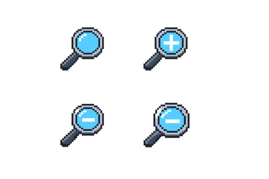 Pixel art magnifying glass icons for zoom in, zoom out, and search functions