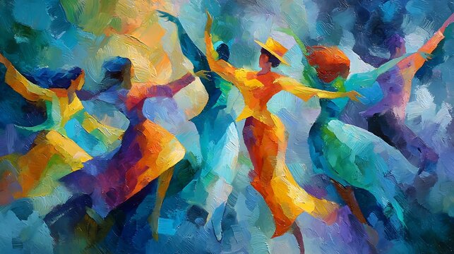 Impressionist painting of women dancing in colorful flowing dresses Keywords: dancing, women, art, painting, photo