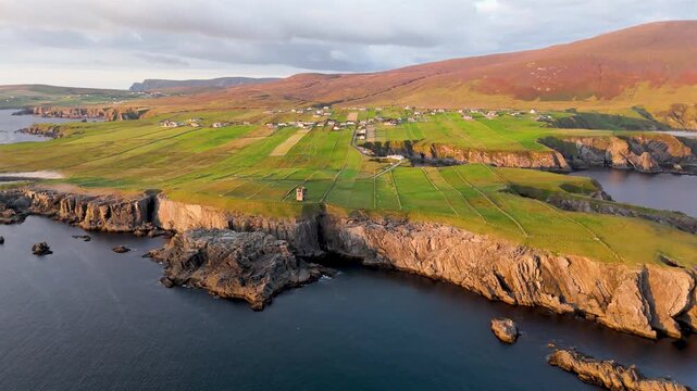 Aerial view of the coast at Malin Beg at the Napoleonic Signal Tower - County Donegal, Ireland