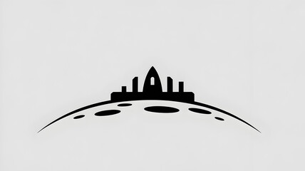 Silhouette of a building on a moon-like structure with craters in black.