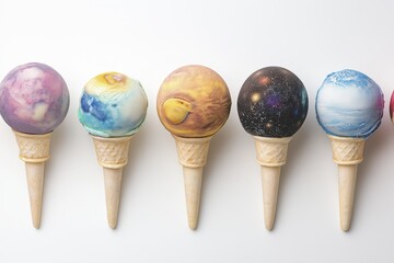 Colorful cosmic ice cream cones: planets as tasty treats in a space-themed dessert
