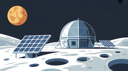 Lunar base with dome habitat, solar panels, and orange moon illustration.