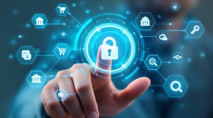 Data protection privacy concept. GDPR. EU. Cyber security network. Business man protecting data personal information on tablet. Padlock icon and internet technology networking connection on digital..