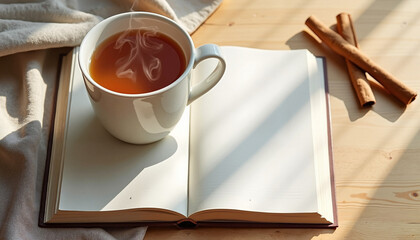 Hot tea cup on open book with cinnamon sticks in sunlight  
