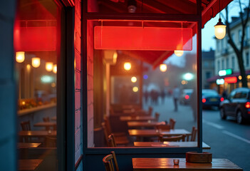 burger joint outdoor setup with transparent board, urban background, neon lights reflections