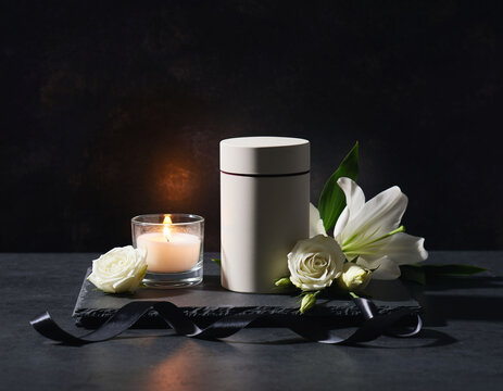 Urne mit Kerze und wei&szlig;en Lilien &ndash; modernes Abschieds- und Vorsorge-Concept