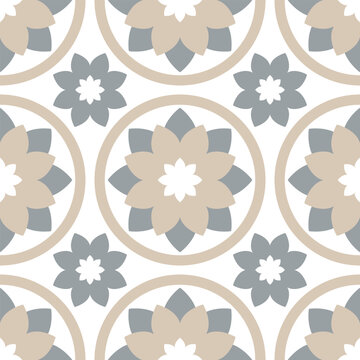 Soft beige and blue floral tiles create airy, spalike backdrop suited for modern bathrooms and kitchen