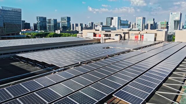 Urban Rooftop Solar Panel Installation with City Skyline