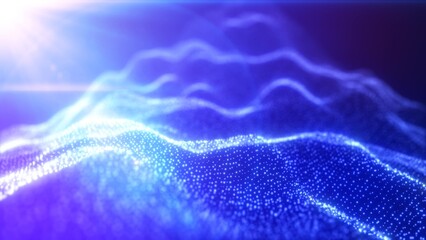 Abstract waves from particles and lines of purple futuristic beautiful flying glowing magical energy with sun rays and blur effect. Abstract background