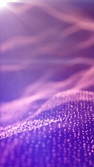 Soft-focus violet background with glowing particles forming undulating waveforms under sunlight