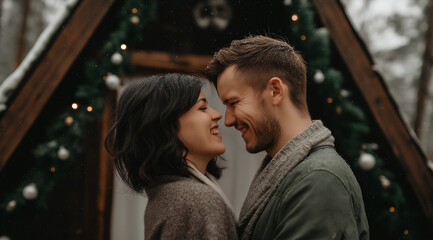 Fototapeta premium Joyful Couple Sharing a Tender Moment in Winter Snow