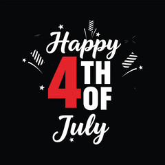 Happy 4th of July text, fireworks, stars, patriotic, festive, black background, USA