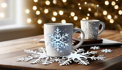Desk with snowflake decorations and coffee mug