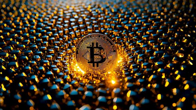 Golden bitcoin coin glowing at the center of a vast digital blockchain network field showing modern cryptocurrency wealth technology and value exchange