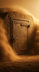 A heavy reinforced metal door built into a rock formation within a glowing sandstorm